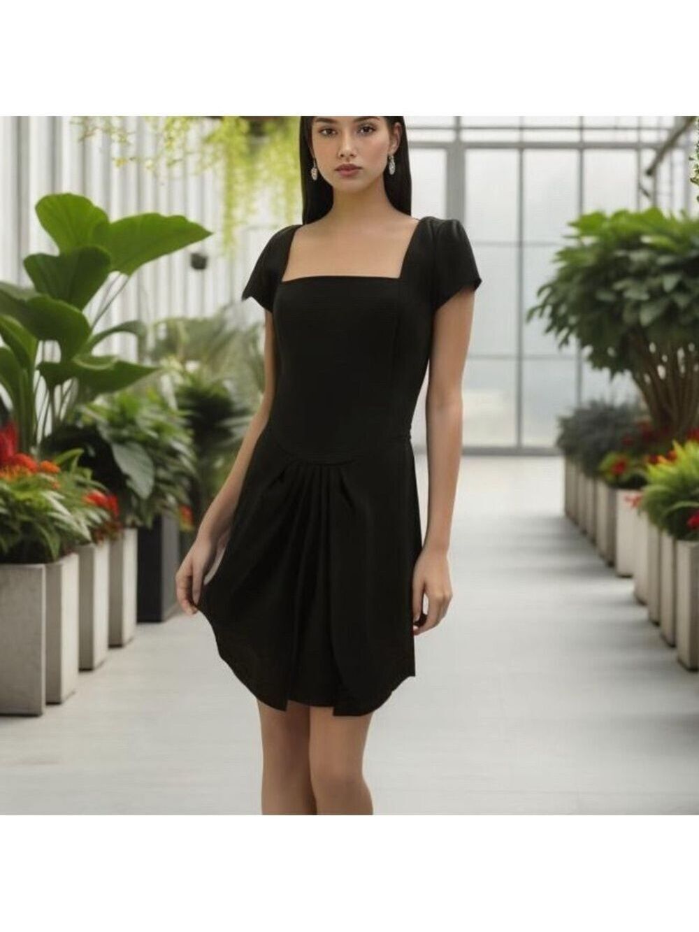 70s GILLIAN SILK LITTLE BLACK DRESS BODYCON SHORT SLEEVES PLEATED FRONT DETAIL 4